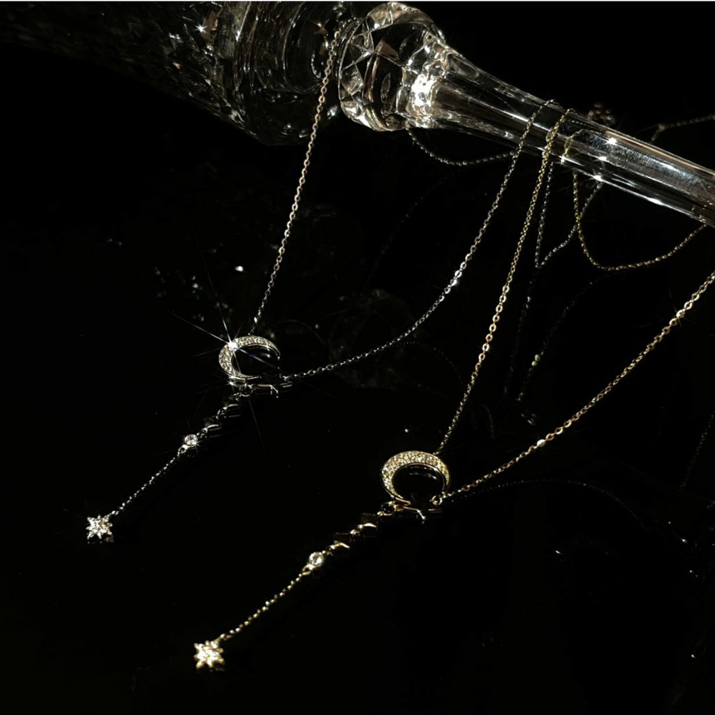 Mikro Bertatahkan Zirkon Bulan XINGX Rantai Klavikula Bintang Bulan Rumbai Kalung