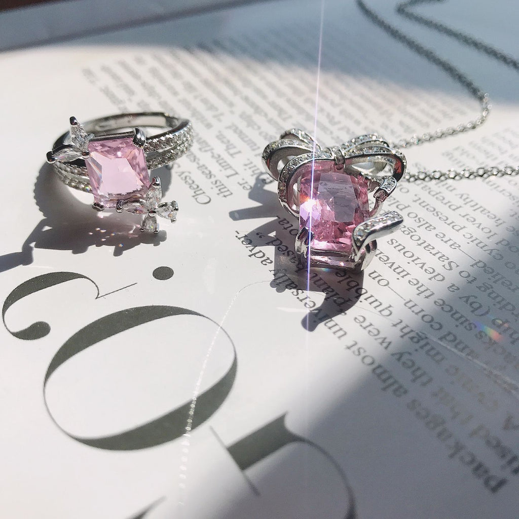 Rose Light Pink Colored Gems Two-Piece Set Necklace Ring