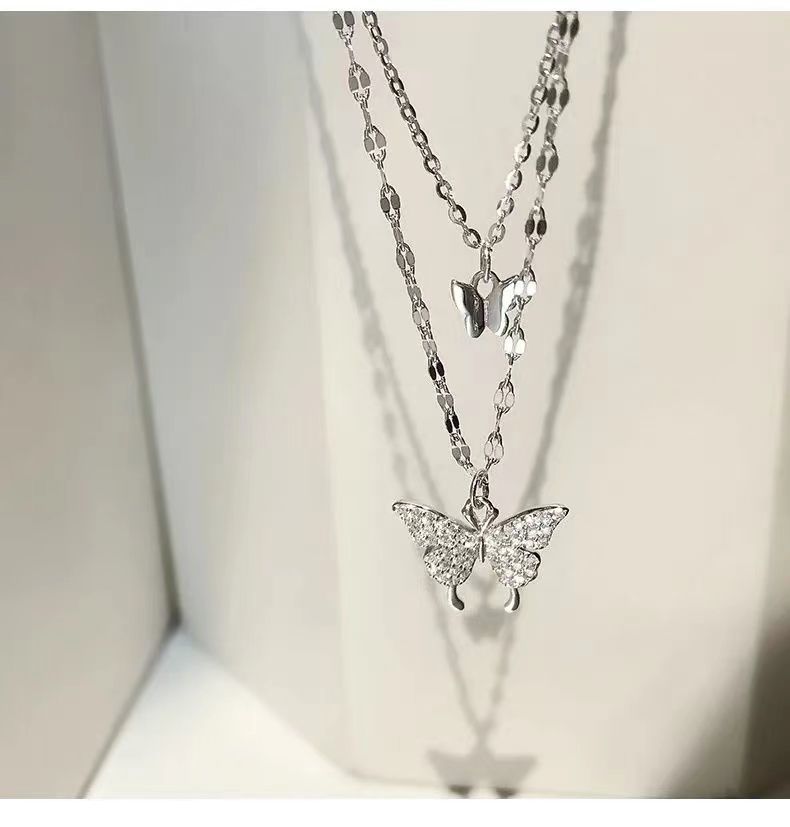 Rhinestone Butterfly Double-Layer Necklace Women's Simple Clavicle Chain