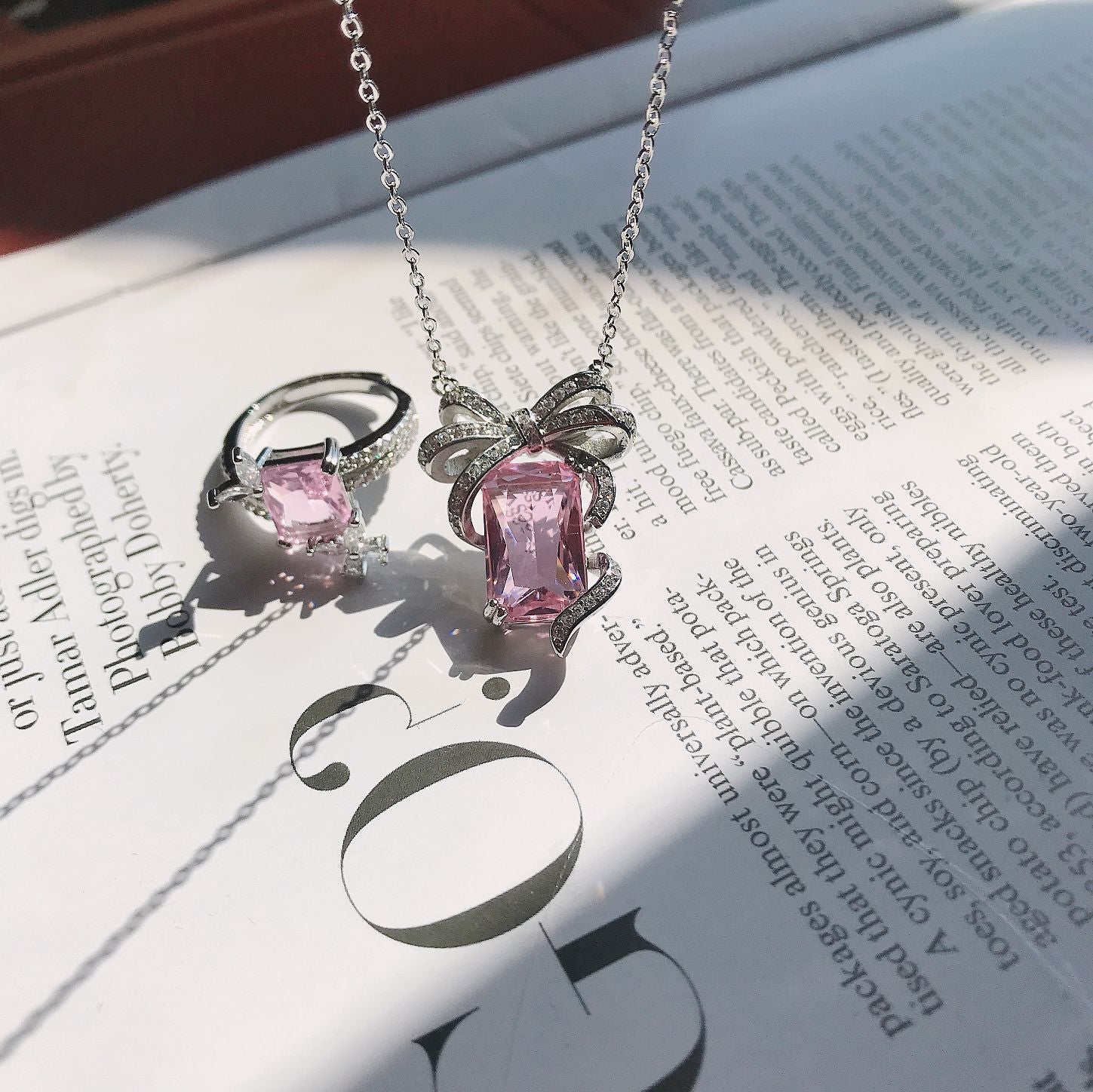 Rose Light Pink Colored Gems Two-Piece Set Necklace Ring