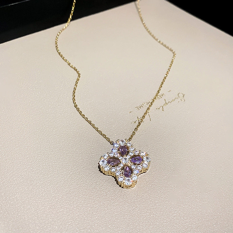 Silver Needle Zircon Clover Earrings and Necklace Set Cn0049