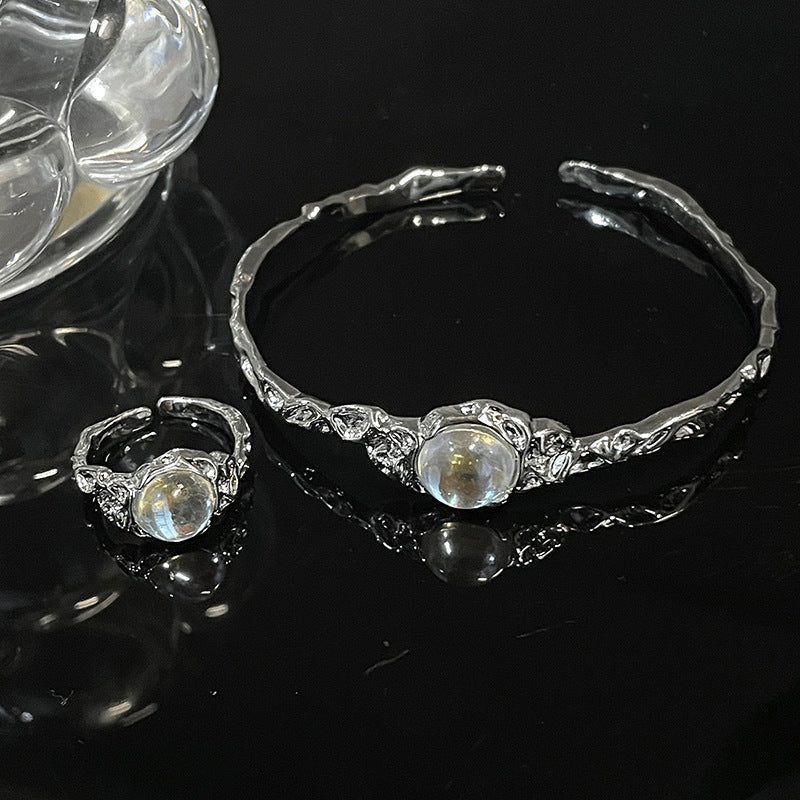 Irregular Pleated Open Ring Moonstone Gemstone Bracelet Set CN0005