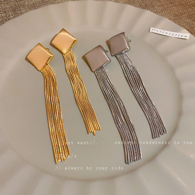 Metal Brushed Diamond Tassel Earrings Long Earrings