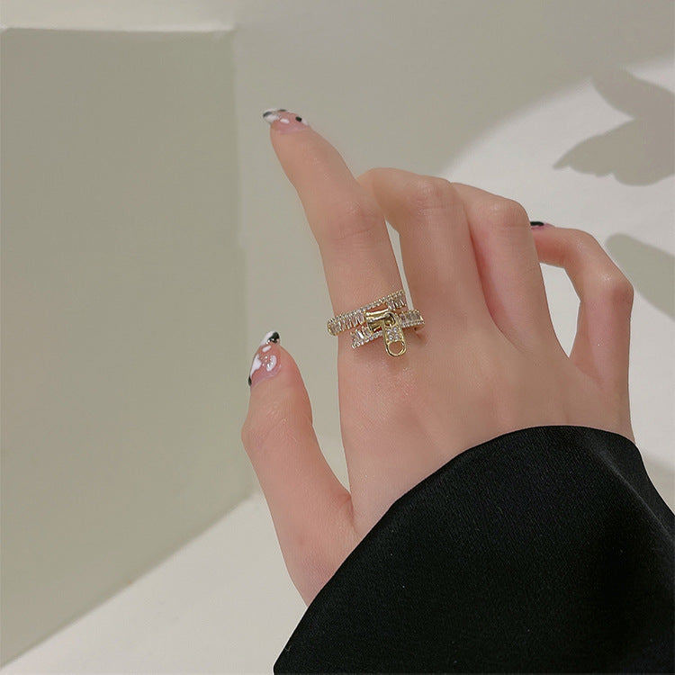 Thiết Kế Thời Trang Cá Tính Dây Kéo Mở Vòng Rhinestone Zircon Index Finger Ring