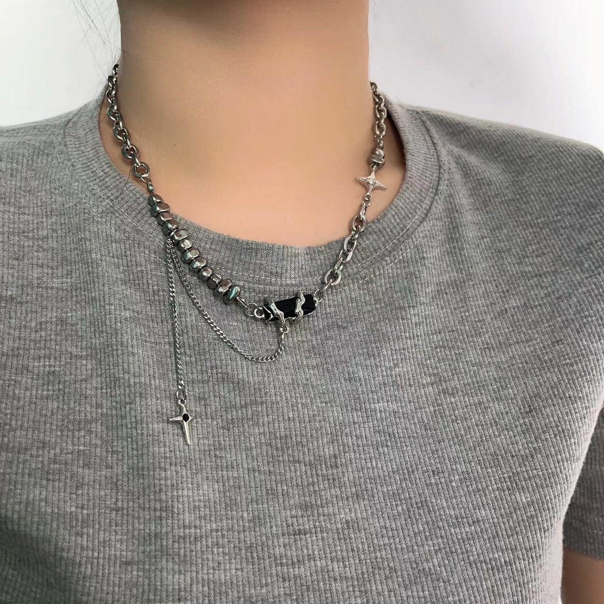 Titanium Steel Zircon Cross Necklace Cn0074