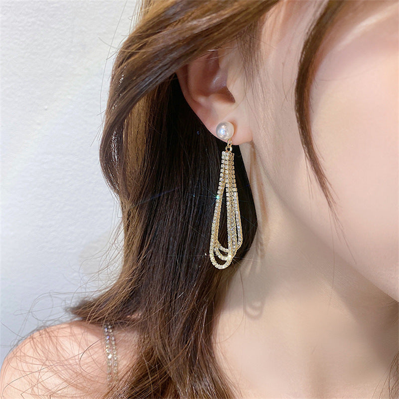 Long Pearl Tassel Full Diamond Temperament Stud Earrings