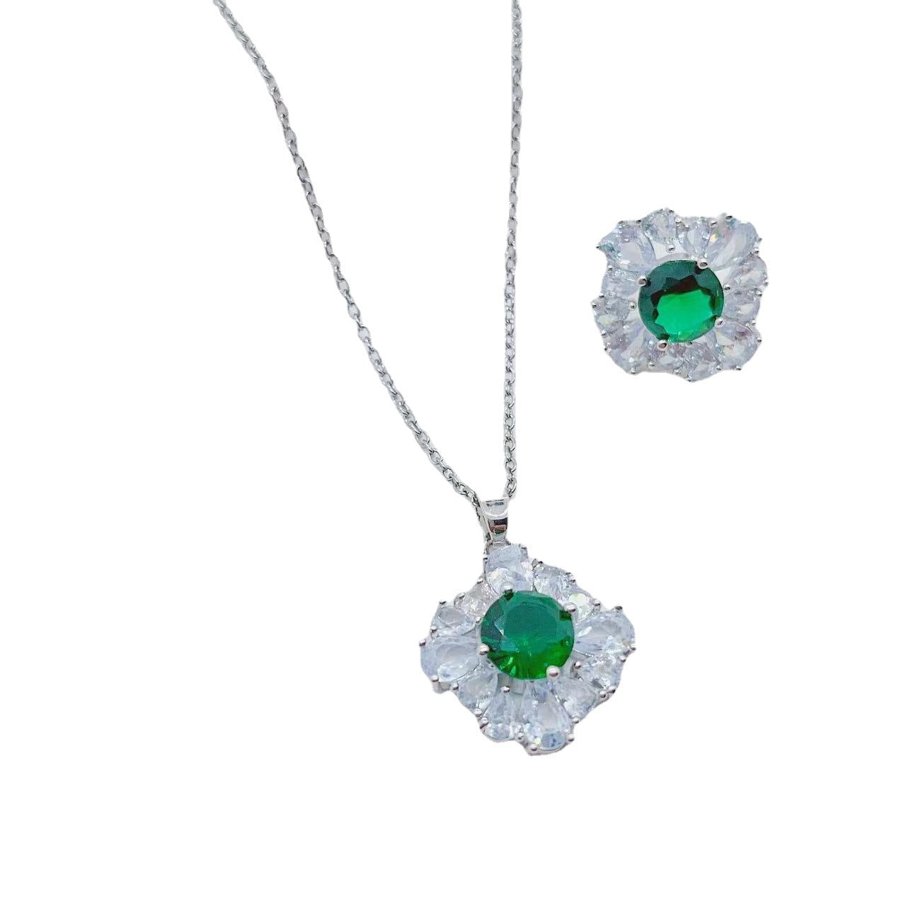 ست دو تکه گردنبند پیشرفته زیرکون گوشواره های براق مربعی قطره سبز آب بزرگ مادربزرگ