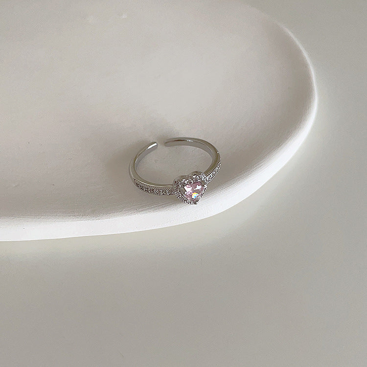 Pink Heart-Shaped Zircon Metal Open Ring Cn0077