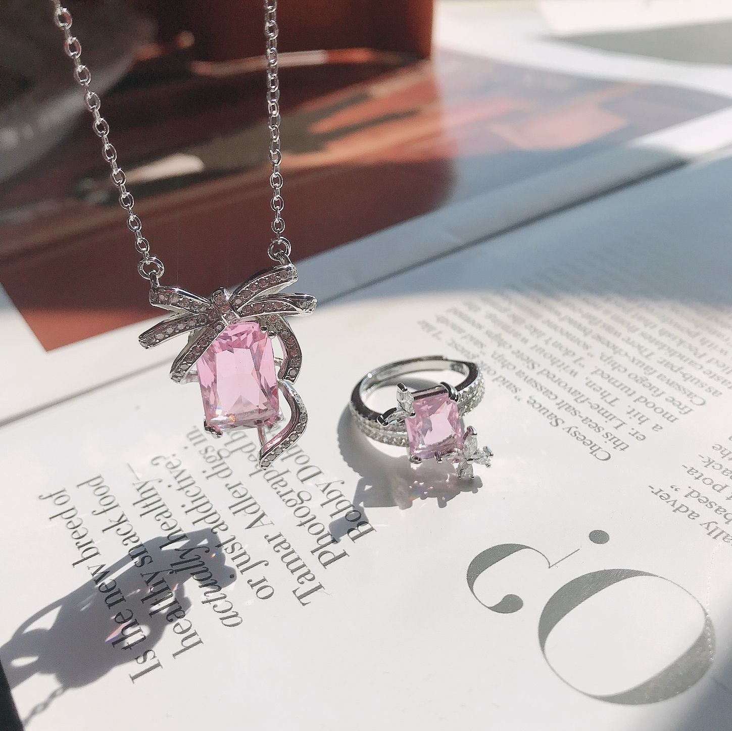 Rose Light Pink Colored Gems Two-Piece Set Necklace Ring