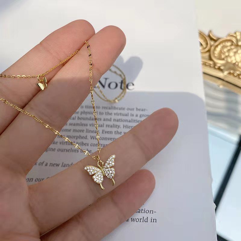 Rhinestone Butterfly Double-Layer Necklace Women's Simple Clavicle Chain