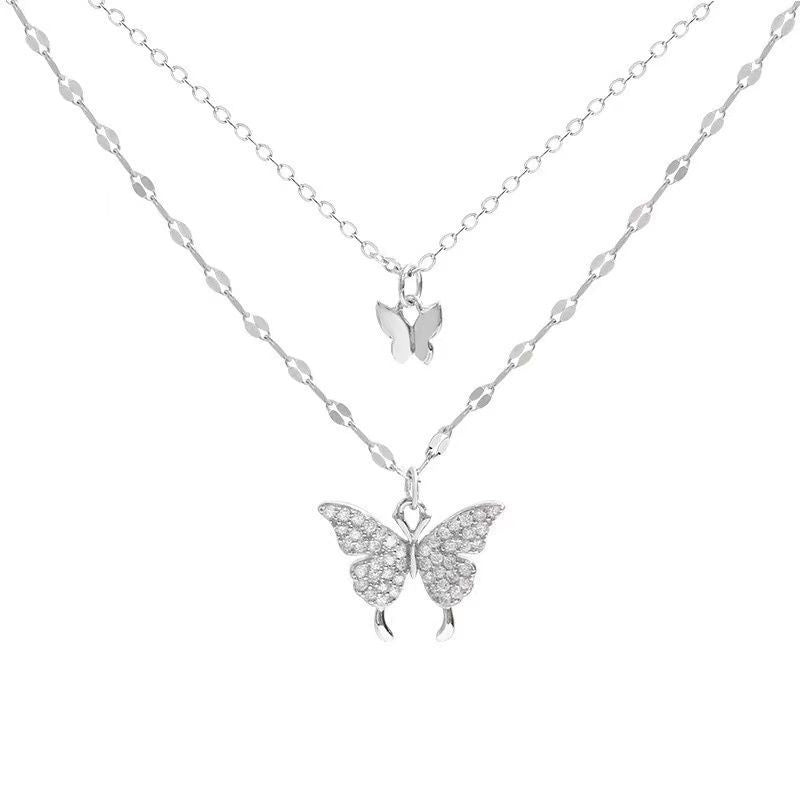 Rhinestone Butterfly Double-Layer Necklace Women's Simple Clavicle Chain