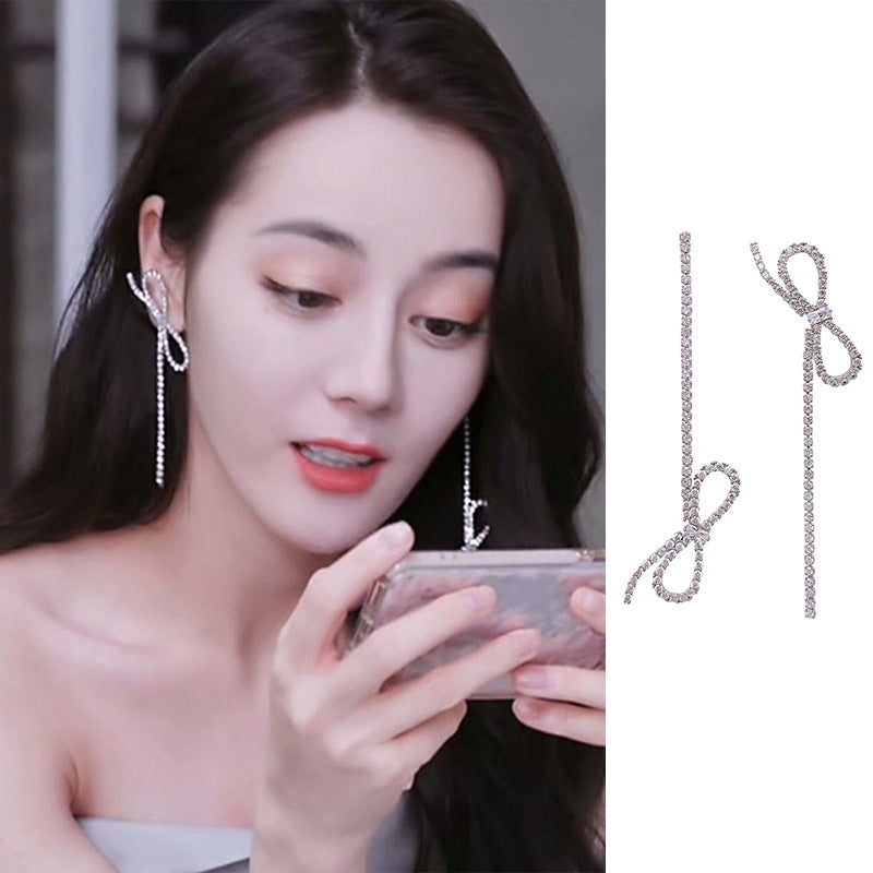 Asymmetric Bow Earrings Long Tassel Jeweled Earrings
