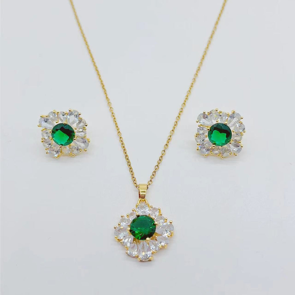 ست دو تکه گردنبند پیشرفته زیرکون گوشواره های براق مربعی قطره سبز آب بزرگ مادربزرگ