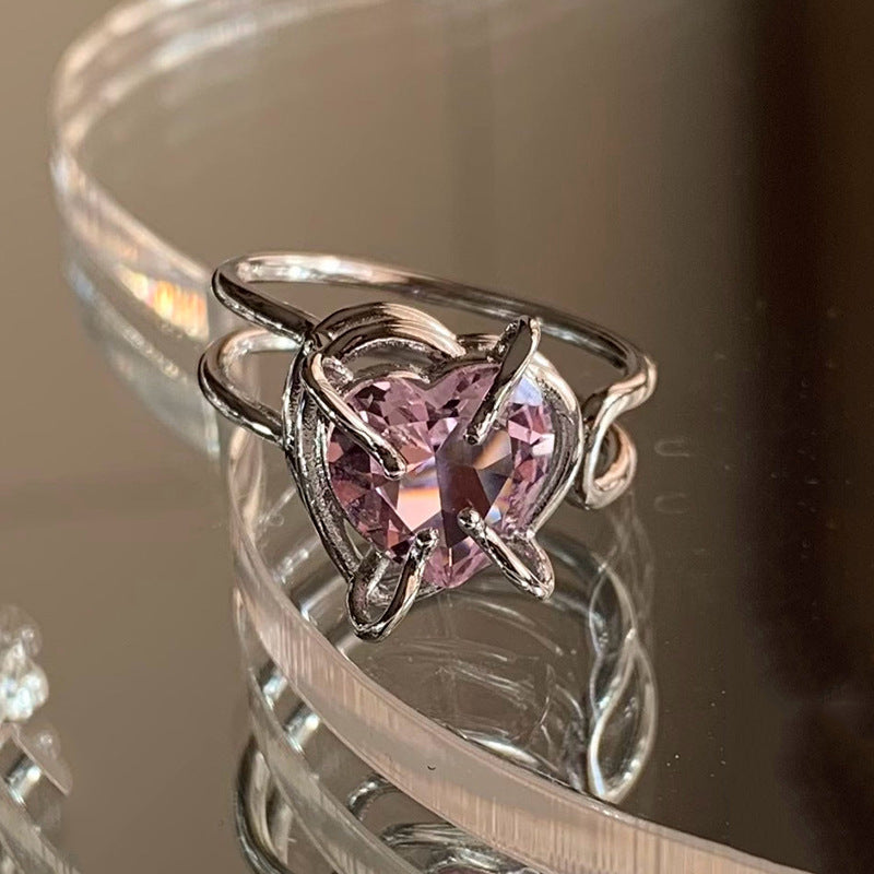 Pink Rhinestone Zircon Love Heart-Shaped Ring Cn0060