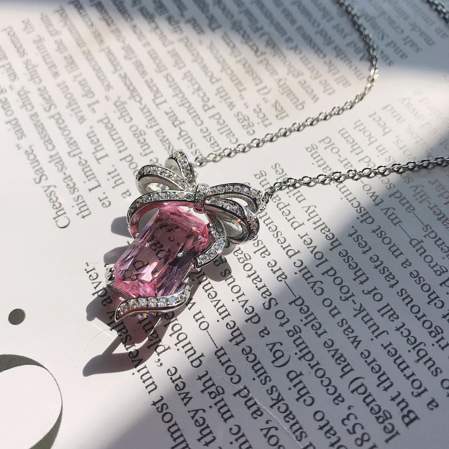 Rose Light Pink Colored Gems Two-Piece Set Necklace Ring