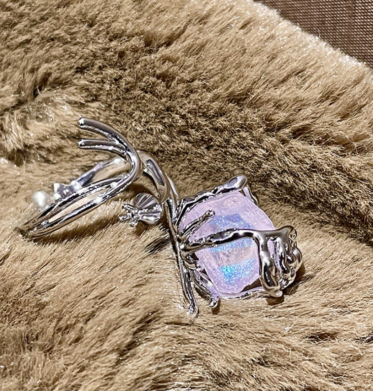 Thorn Rose Flower Index Finger Ring Purple Rough Stone Crystal Open Ring