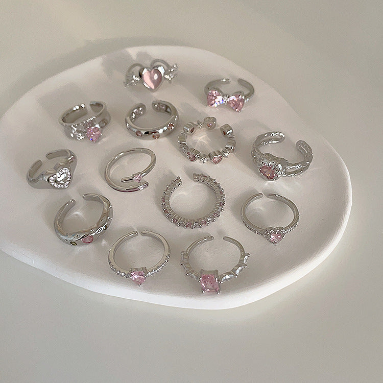Pink Heart-Shaped Zircon Metal Open Ring Cn0077