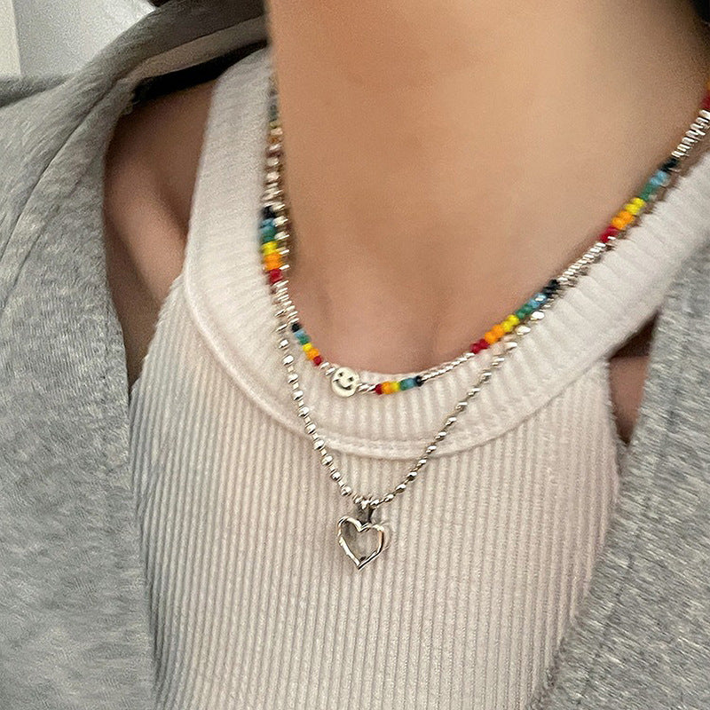 Crystal round Beads Smiley Heart Necklace 2-Piece Cn0013