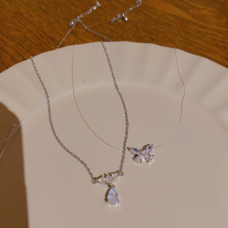 زرکون بٹر فلائی ہار ڈبل لیئر ڈراپ سائز کی ہنسلی کی زنجیر