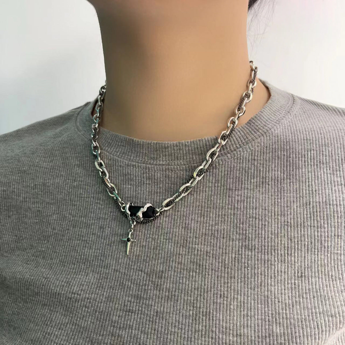 Titanium Steel Zircon Cross Necklace Cn0074