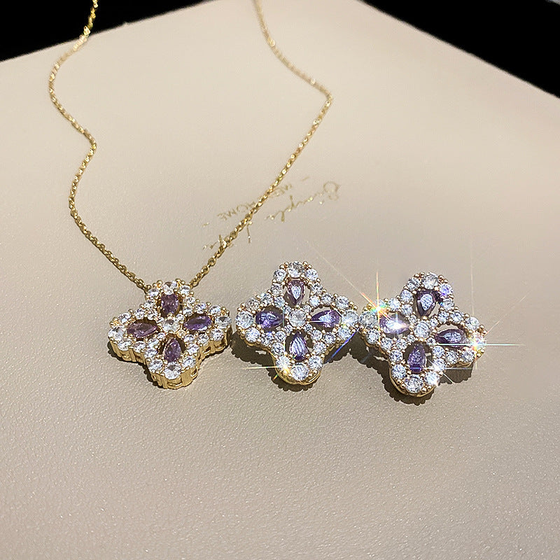 Silver Needle Zircon Clover Earrings and Necklace Set Cn0049