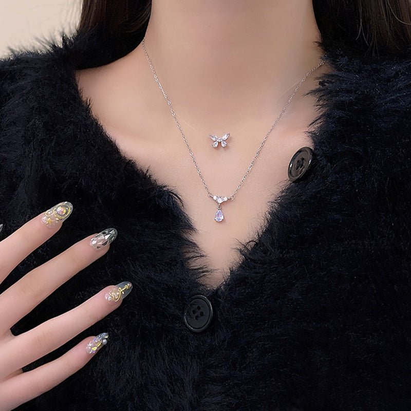 زرکون بٹر فلائی ہار ڈبل لیئر ڈراپ سائز کی ہنسلی کی زنجیر