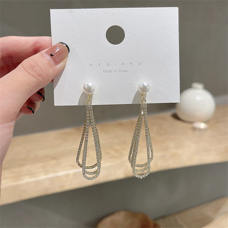 Long Pearl Tassel Full Diamond Temperament Stud Earrings