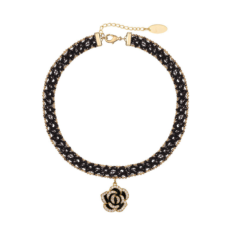 Spitzenhalskette Kurze Halskette Rosenanhänger Schwarz Sexy Halskette Halsband