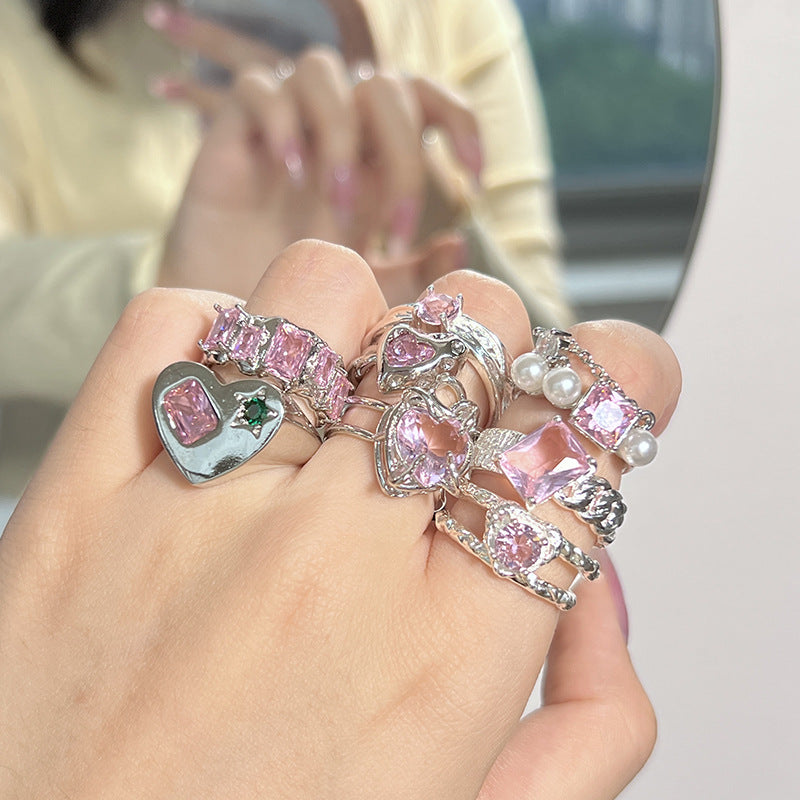 Pink Rhinestone Zircon Love Heart-Shaped Ring Cn0060