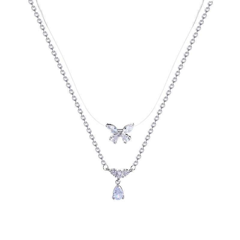 زرکون بٹر فلائی ہار ڈبل لیئر ڈراپ سائز کی ہنسلی کی زنجیر