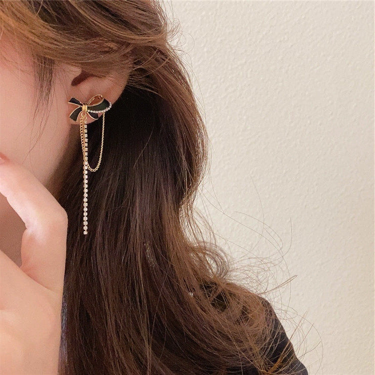 Bow Rhinestone Chain Tassel Long Earrings