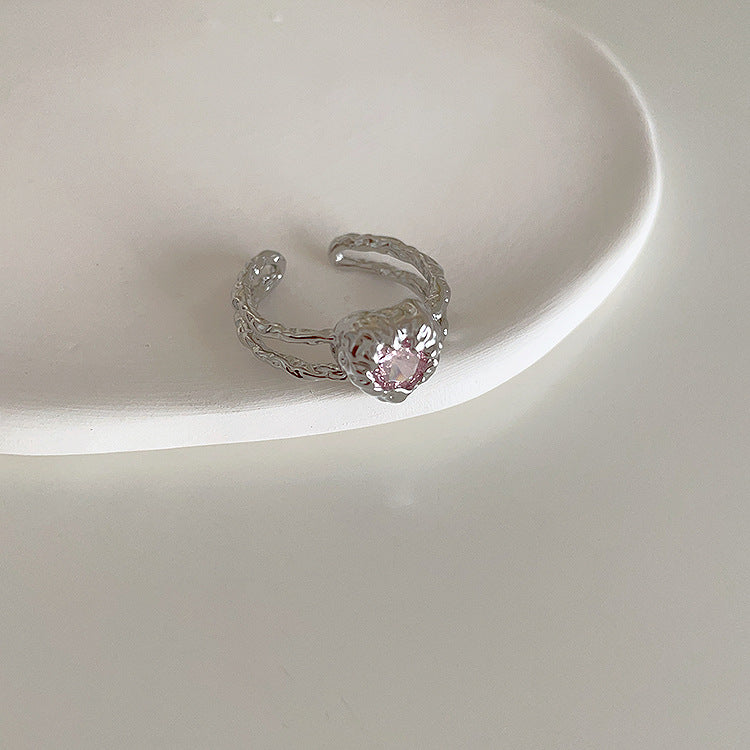 Pink Heart-Shaped Zircon Metal Open Ring Cn0077