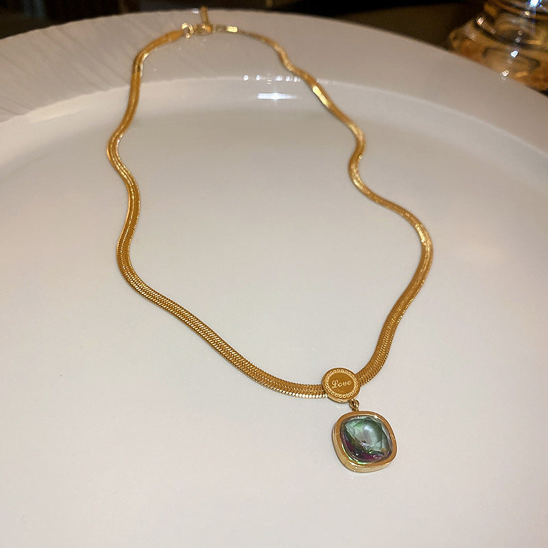 Titanium Steel Emerald Zircon Geometric Necklace Cn0057