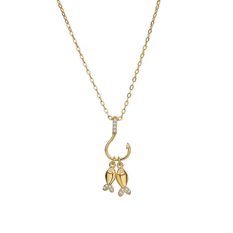 S925 سٹرلنگ سلور ٹو ڈائمنڈ پیارا چھوٹا گولڈ فش پینڈنٹ ہار