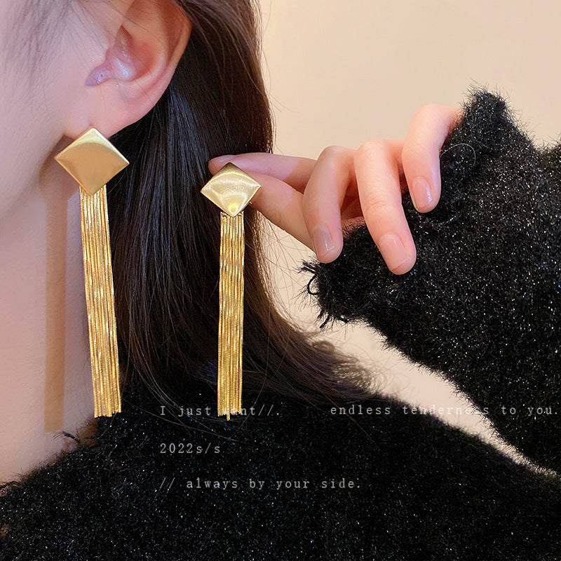 Metal Brushed Diamond Tassel Earrings Long Earrings