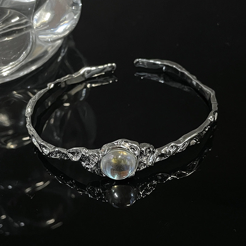 Irregular Pleated Open Ring Moonstone Gemstone Bracelet Set CN0005