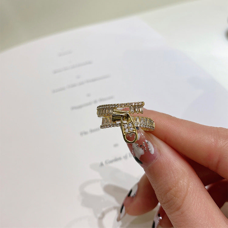 Fashion Personality Design Zipper Opening Ring Rhinestone Zircon Index Finger Ring