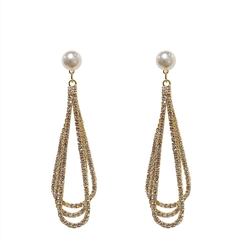 Long Pearl Tassel Full Diamond Temperament Stud Earrings