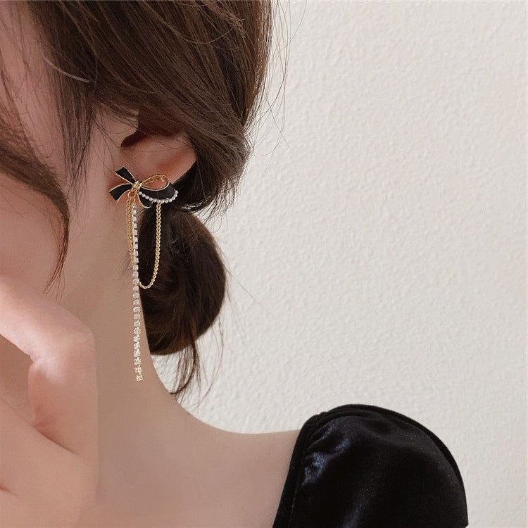 Bow Rhinestone Chain Tassel Long Earrings