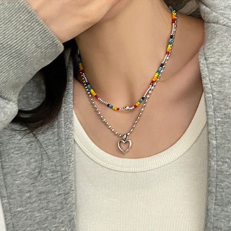 Crystal round Beads Smiley Heart Necklace 2-Piece Cn0013