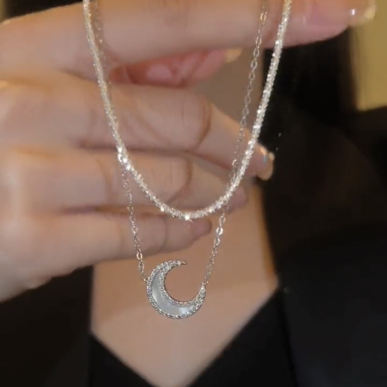 প্রাকৃতিক শেল চাঁদ ডাবল-স্তর দুই-টুকরা ক্ল্যাভিকল চেইন নেকলেস স্পার্কলিং নেকলেস মহিলা
