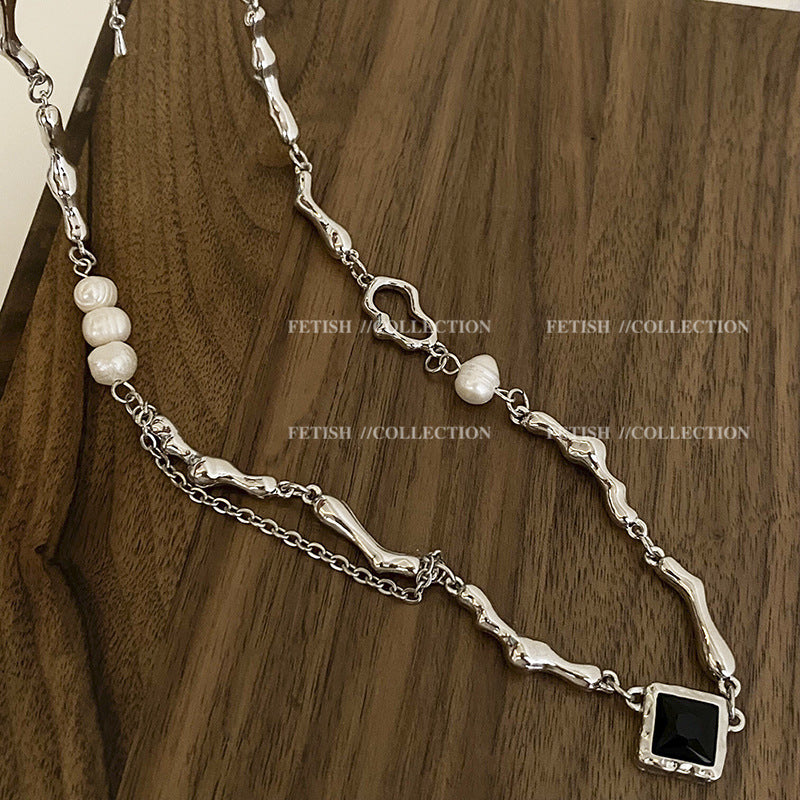 바로크 담수 모조 진주 블랙 지르콘 목걸이 여성