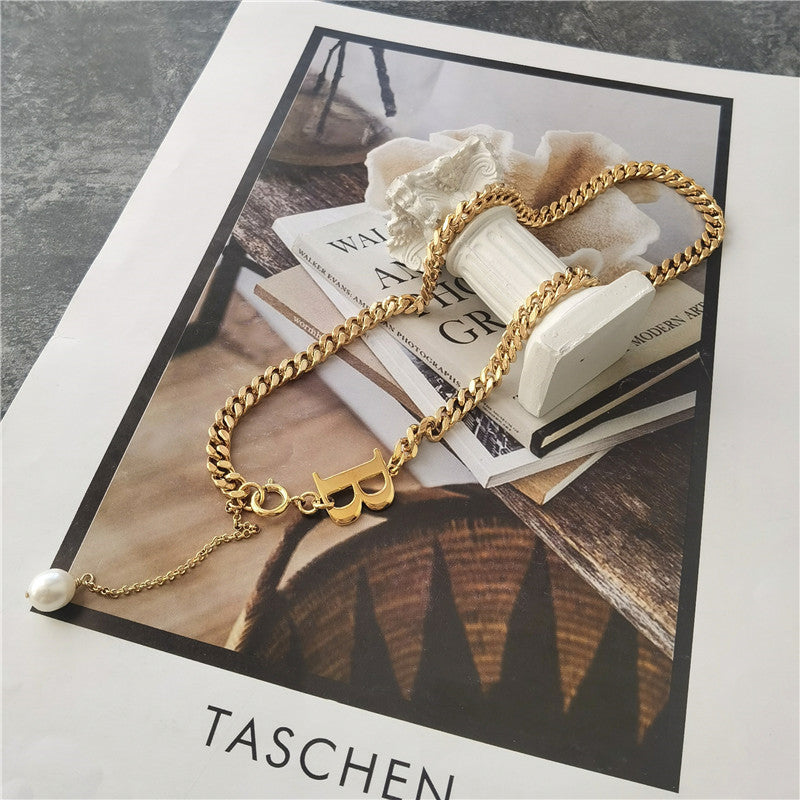 Gold and silver two-color letter B stitching drop pendant short necklace