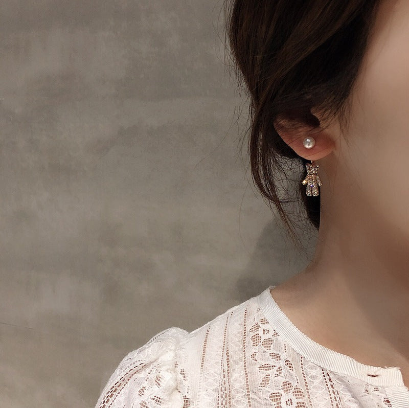 925 Silver Needle Micro Diamond Bear Earrings