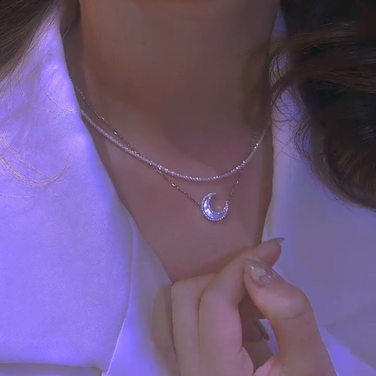 প্রাকৃতিক শেল চাঁদ ডাবল-স্তর দুই-টুকরা ক্ল্যাভিকল চেইন নেকলেস স্পার্কলিং নেকলেস মহিলা