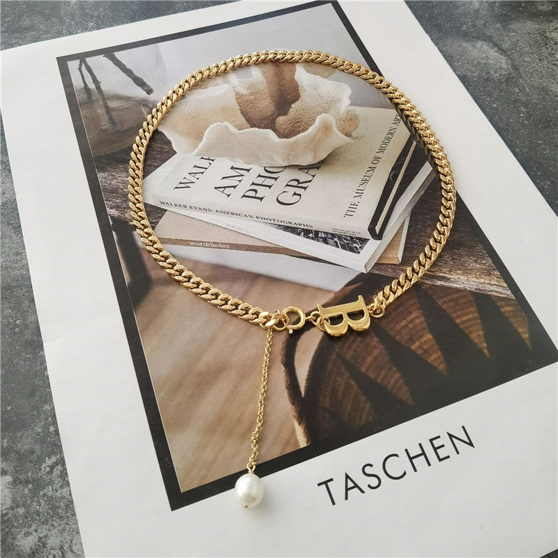 Gold and silver two-color letter B stitching drop pendant short necklace