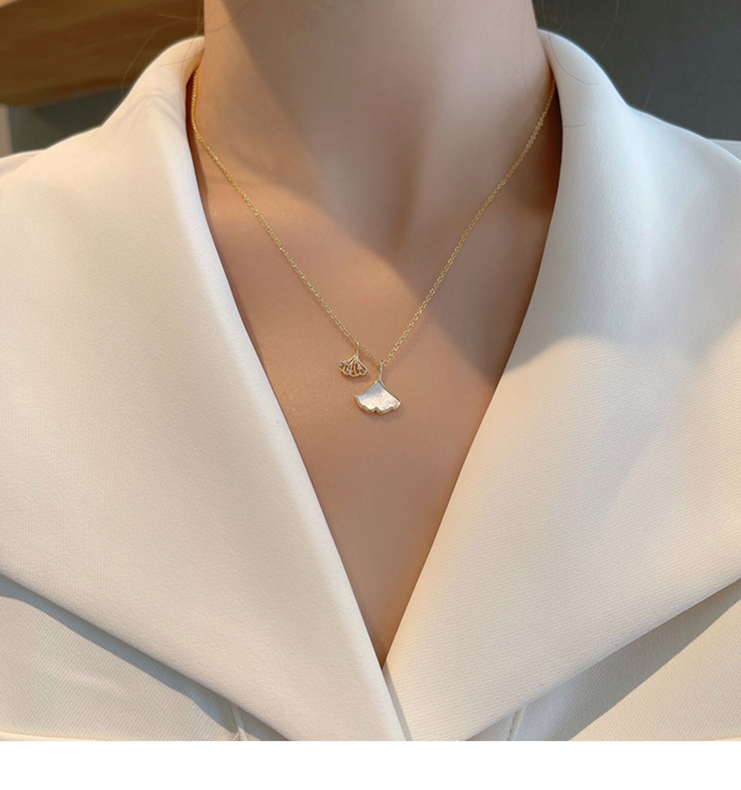 Apricot leaf white resin micro zircon double necklace