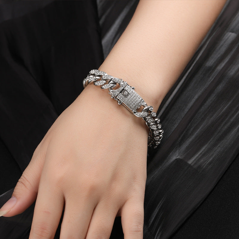 কিউবান নেকলেস সম্পূর্ণ হীরা পুরু ব্রেসলেট ক্ল্যাভিকল চেইন সমন্বয়