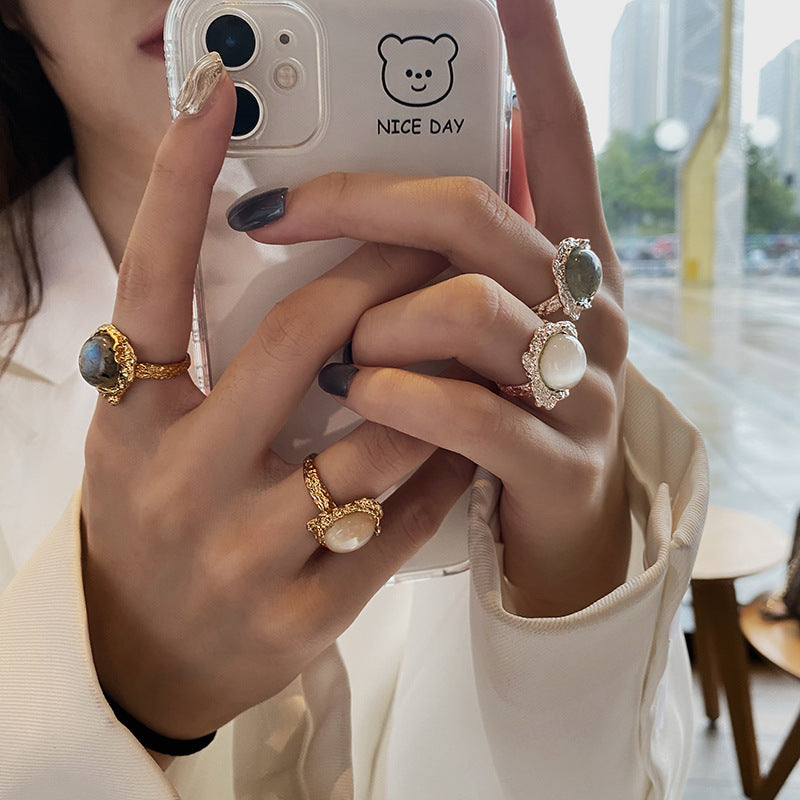 Nhẫn kim loại opal nhẫn đá mặt trăng đơn giản