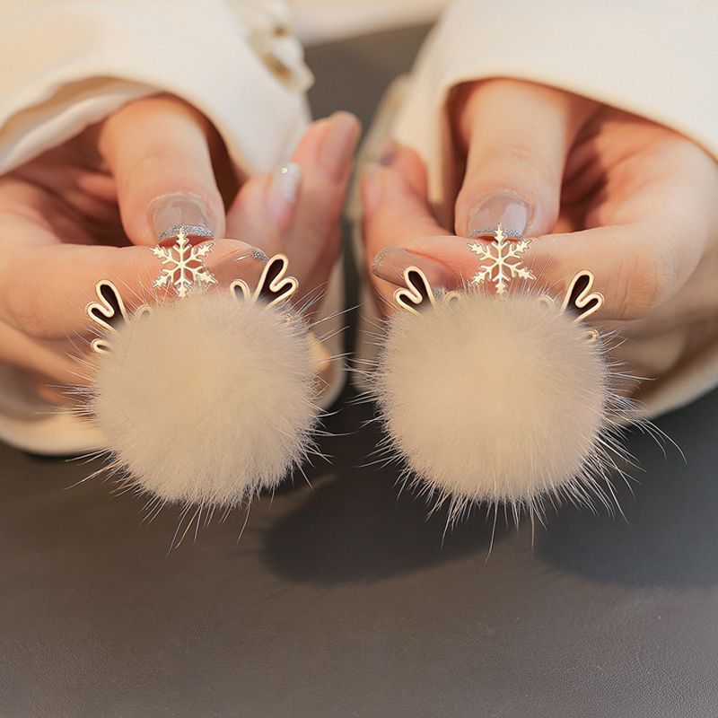 Furry Christmas snowflake elk fur ball earrings